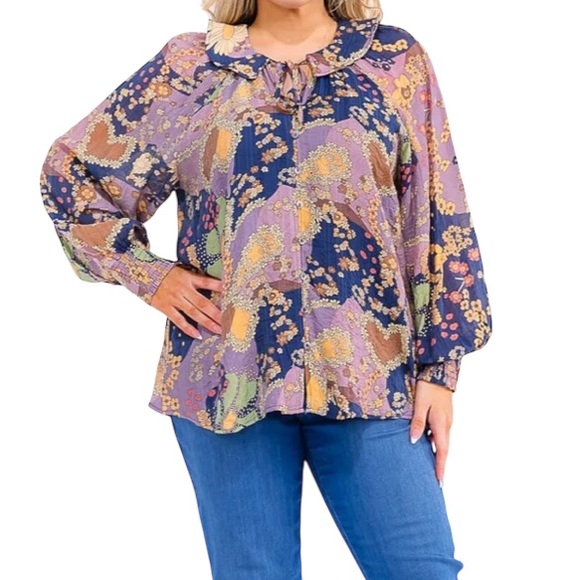 Tops - Floral Print Ruffle Trim Smocked Cuff Boho Blouse Top